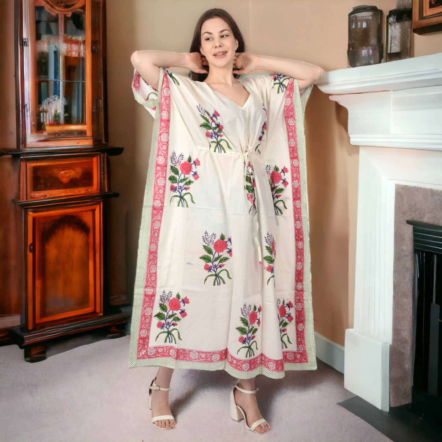 Hand Block Print Cotton Caftans For Women Free Size Vintage traditonal art Maxi gown sleepwear Night gown Kaftan dress