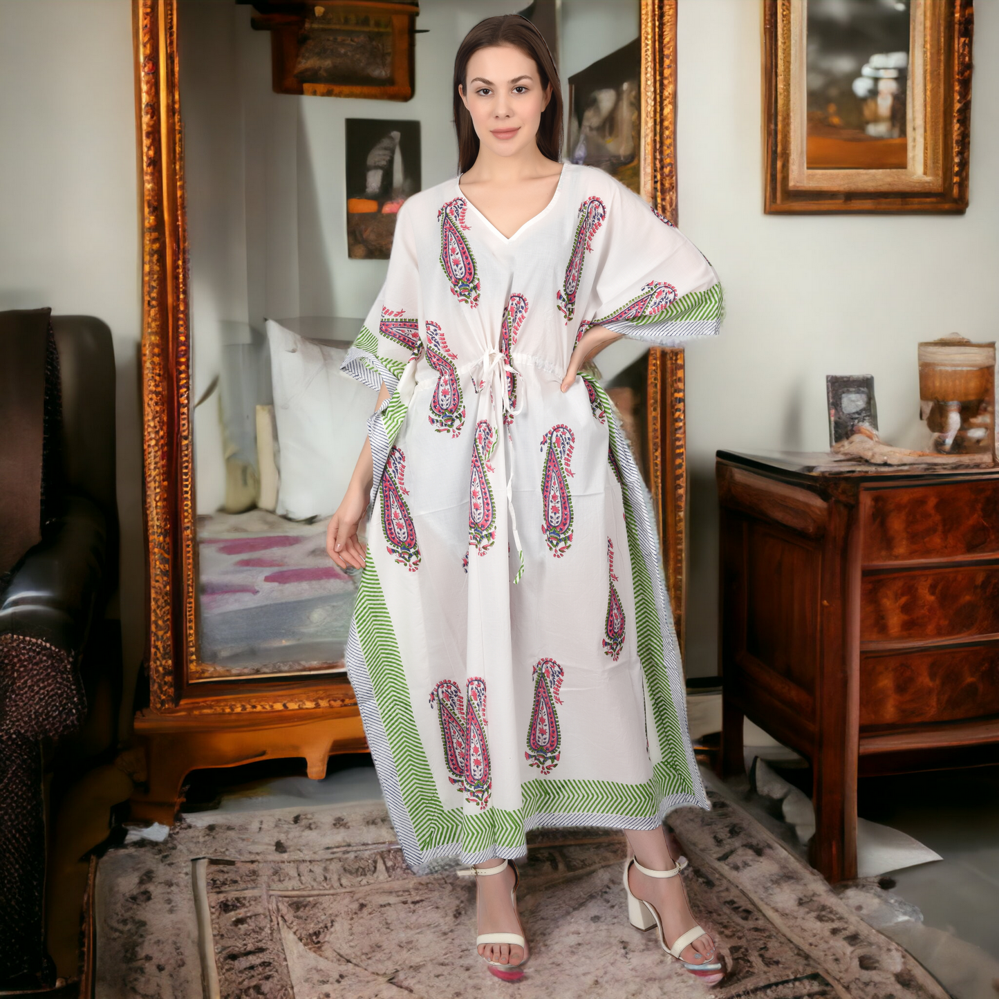 Hand Block Print Cotton Caftans For Women Free Size Vintage traditonal art Maxi gown sleepwear Night gown Kaftan dress
