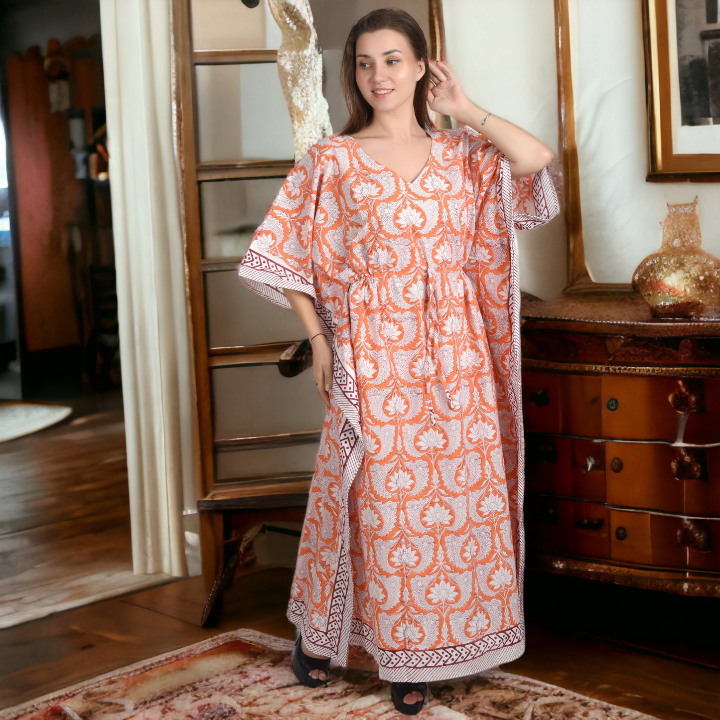 Hand Block Print Cotton Caftans For Women Free Size Vintage traditonal art Maxi gown sleepwear Night gown Kaftan dress