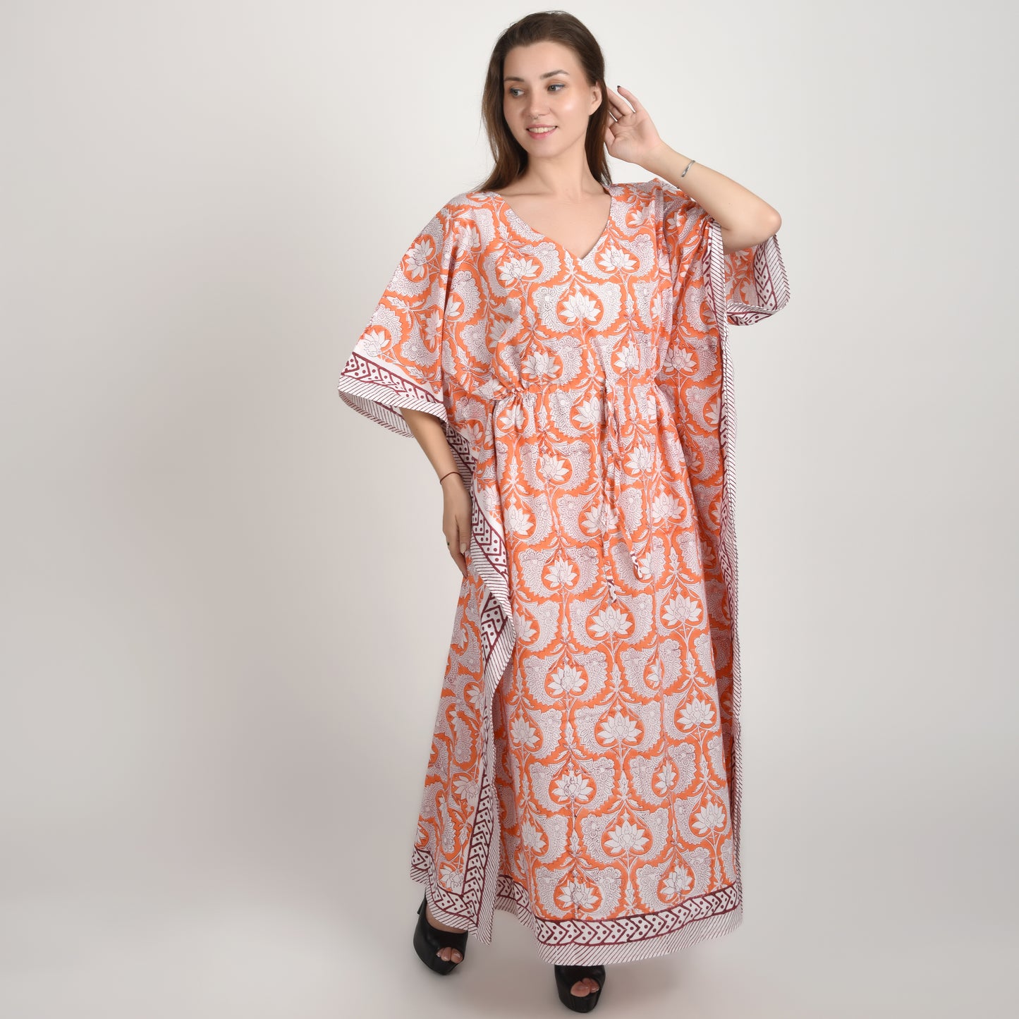 Hand Block Print Cotton Caftans For Women Free Size Vintage traditonal art Maxi gown sleepwear Night gown Kaftan dress