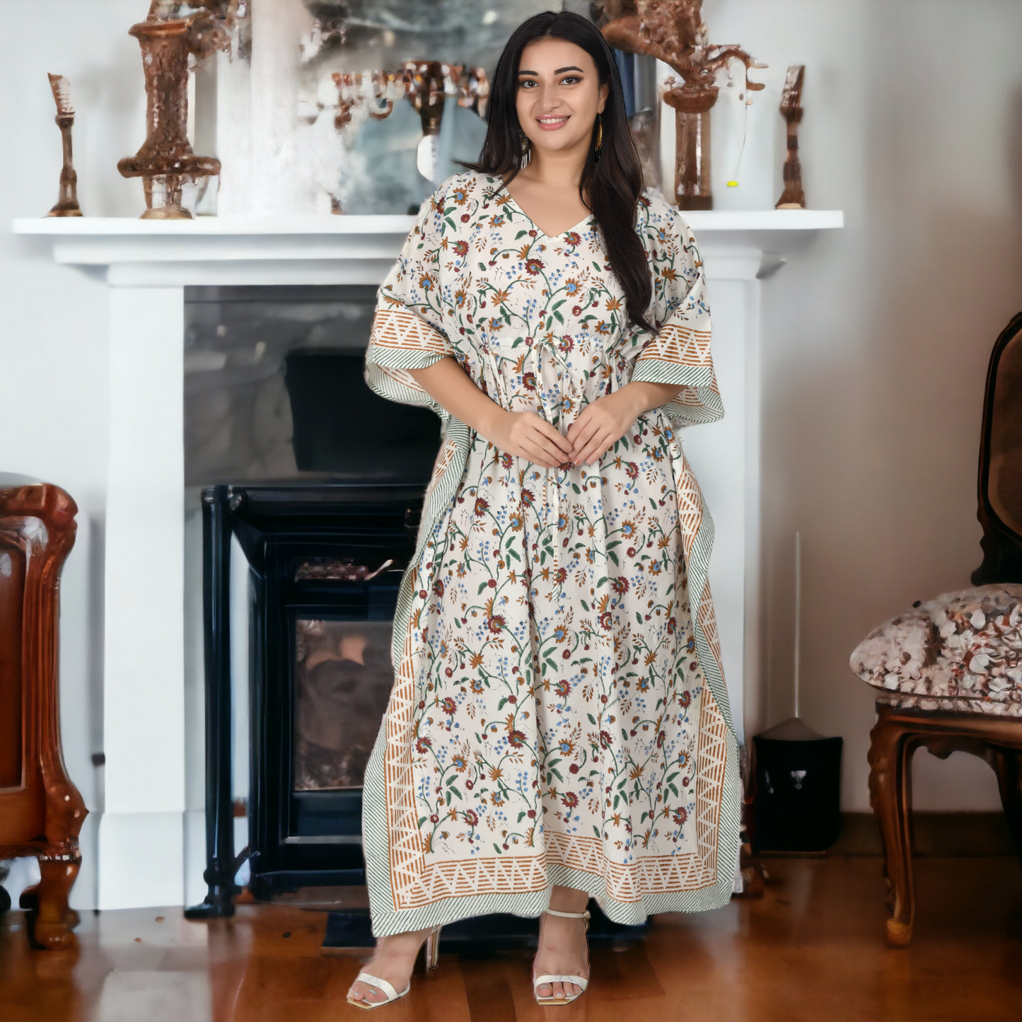 Hand Block Print Cotton Caftans For Women Free Size Vintage traditonal art Maxi gown sleepwear Night gown Kaftan dress