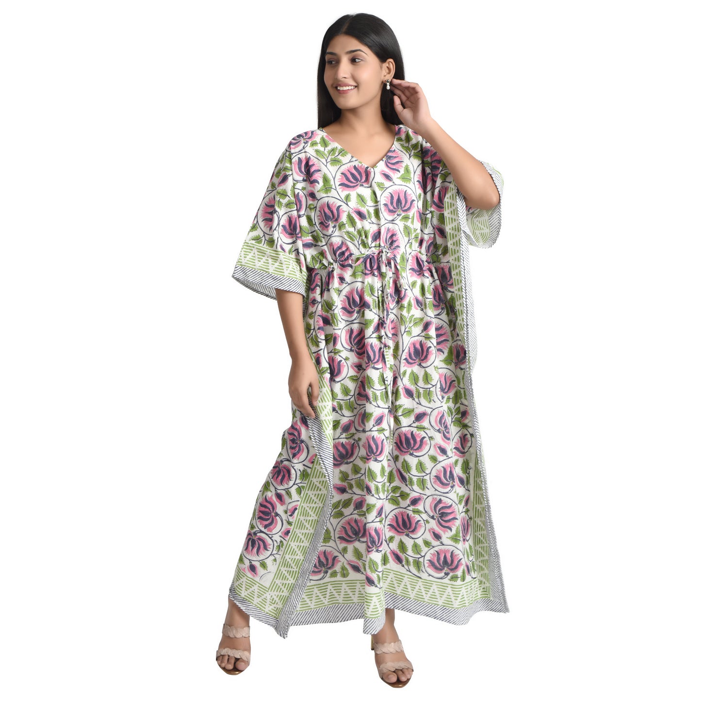 Hand Block Print Cotton Caftans For Women Free Size Vintage traditonal art Maxi gown sleepwear Night gown Kaftan dress