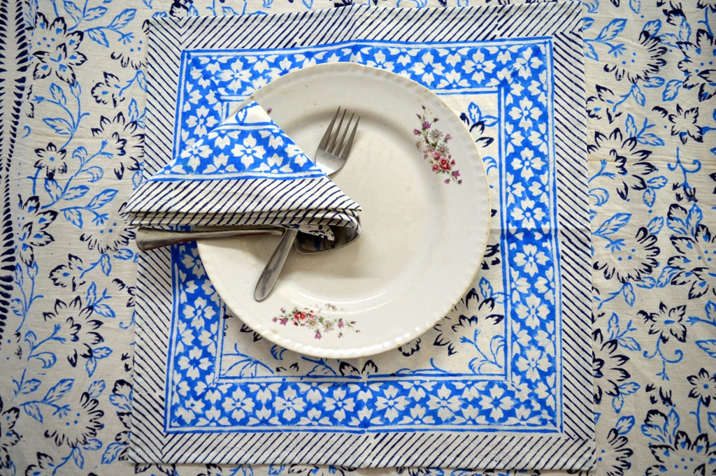 Indian Hand Block Traditional Printed Tablecloth Handmade Cotton Floral 6 Seater Tabletop Decorative for Dinning Table 60 * 90 Inches with Nepkins