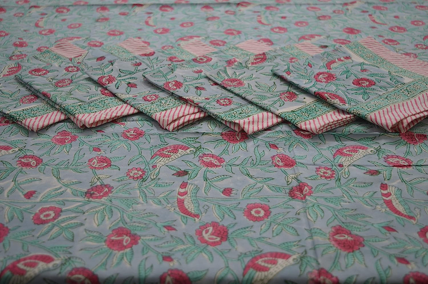 Indian Hand Block Traditional Printed Tablecloth Handmade Cotton Floral 6 Seater Tabletop Decorative for Dinning Table 60 * 90 Inches with Nepkins