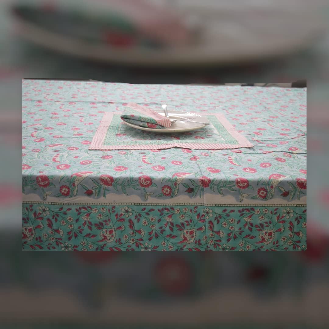 Indian Hand Block Traditional Printed Tablecloth Handmade Cotton Floral 6 Seater Tabletop Decorative for Dinning Table 60 * 90 Inches with Nepkins