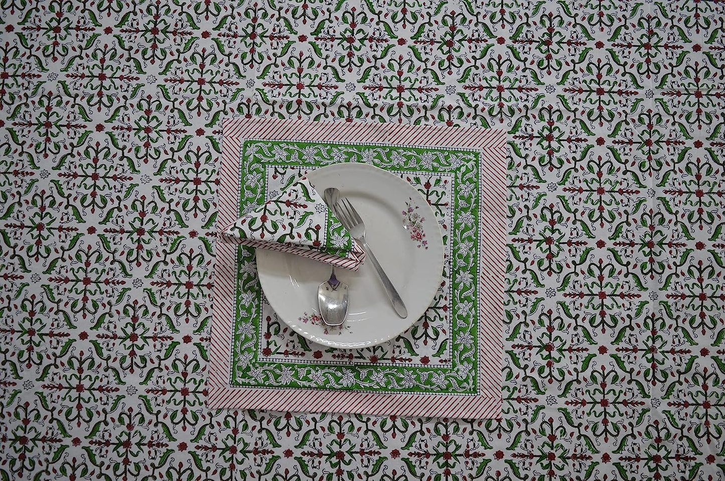 Indian Hand Block Traditional Printed Tablecloth Handmade Cotton Floral 6 Seater Tabletop Decorative for Dinning Table 60 * 90 Inches with Nepkins