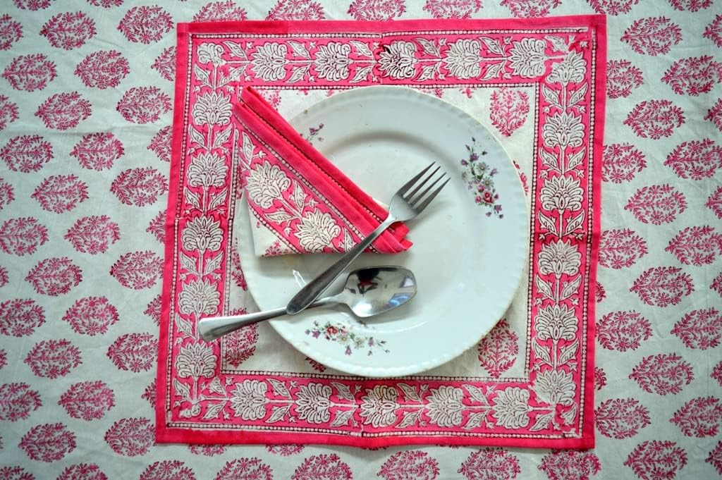 Indian Hand Block Traditional Printed Tablecloth Handmade Cotton Floral 6 Seater Tabletop Decorative for Dinning Table 60 * 90 Inches with Nepkins