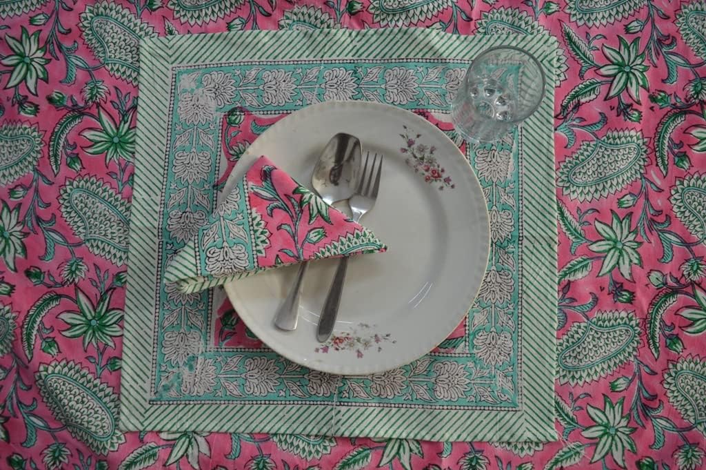 Indian Hand Block Traditional Printed Tablecloth Handmade Cotton Floral 6 Seater Tabletop Decorative for Dinning Table 60 * 90 Inches with Nepkins