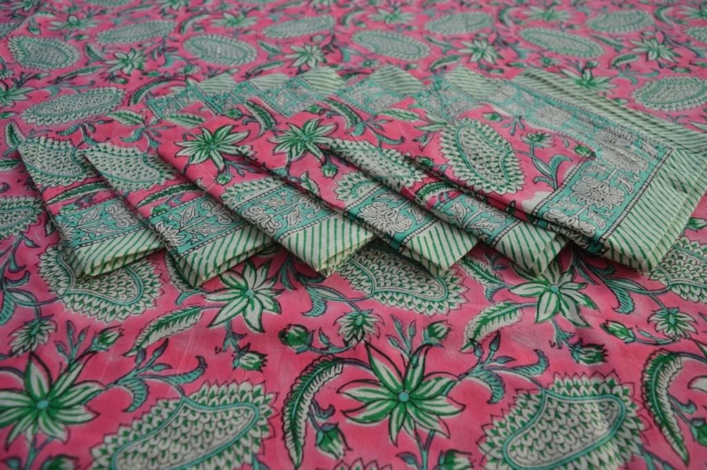 Indian Hand Block Traditional Printed Tablecloth Handmade Cotton Floral 6 Seater Tabletop Decorative for Dinning Table 60 * 90 Inches with Nepkins