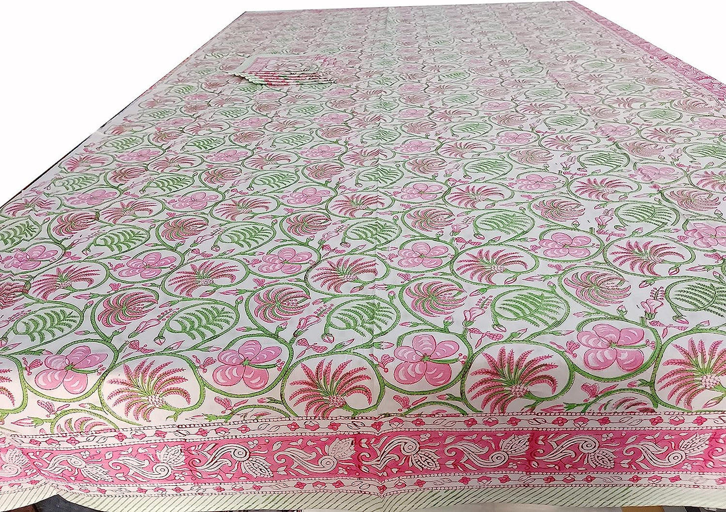 Indian Hand Block Traditional Printed Tablecloth Handmade Cotton Floral 6 Seater Tabletop Decorative for Dinning Table 60 * 90 Inches with Nepkins
