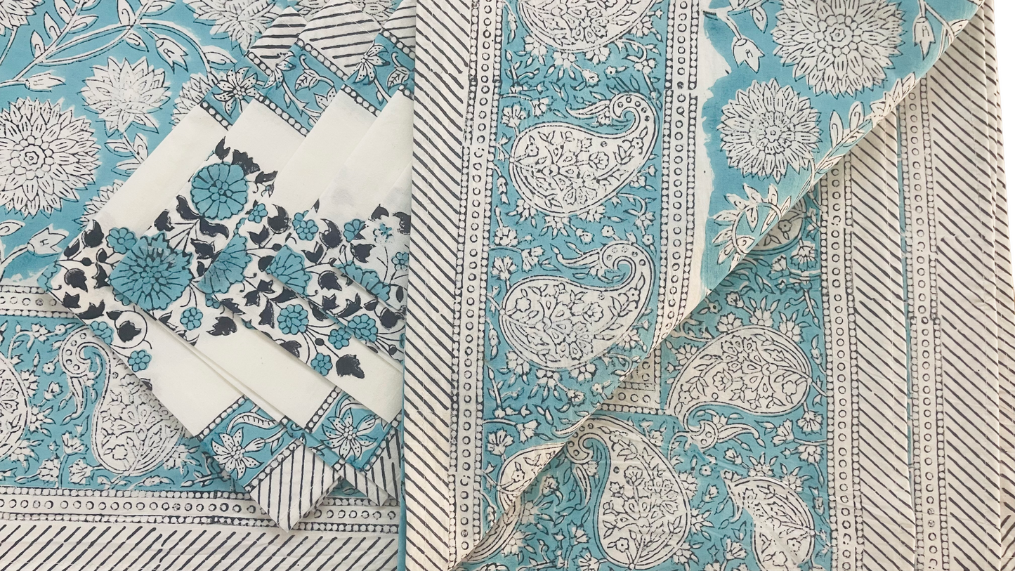 Indian Hand Block Traditional Printed Tablecloth Handmade Cotton Floral 6 Seater Tabletop Decorative for Dinning Table 60 * 90 Inches with Nepkins