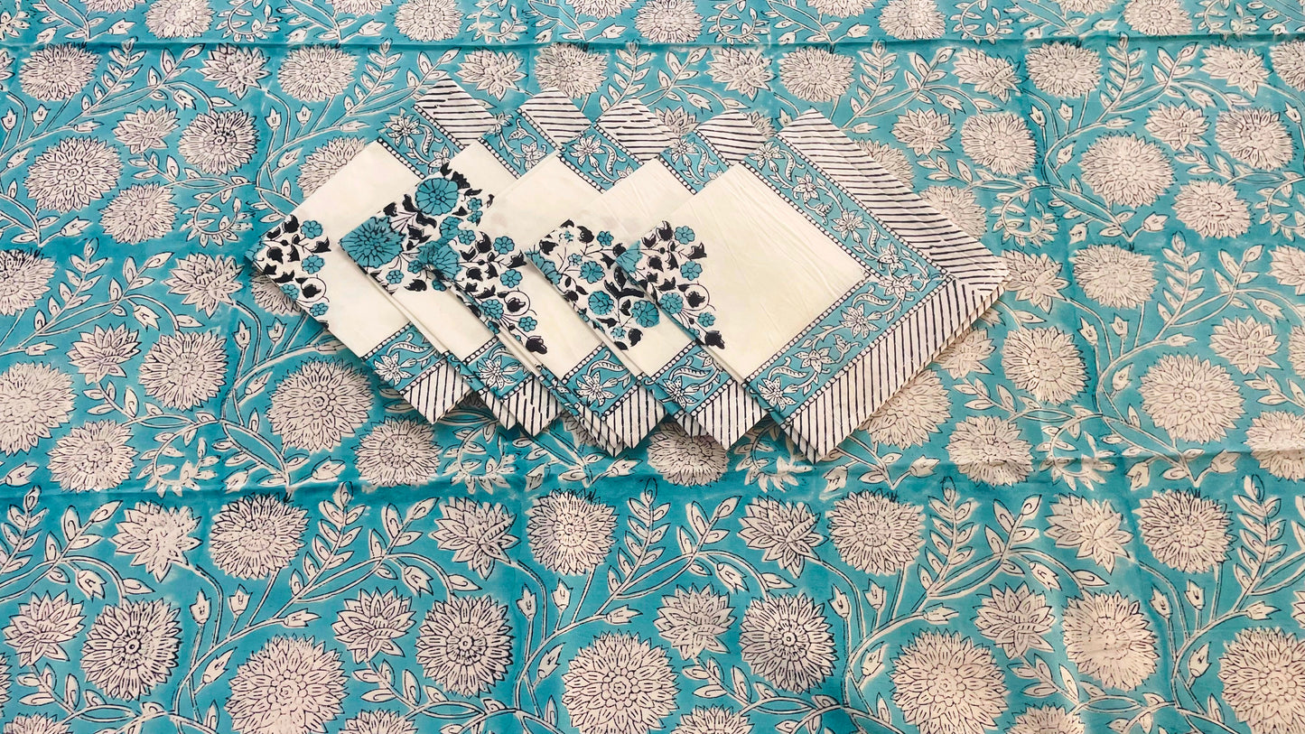 Indian Hand Block Traditional Printed Tablecloth Handmade Cotton Floral 6 Seater Tabletop Decorative for Dinning Table 60 * 90 Inches with Nepkins