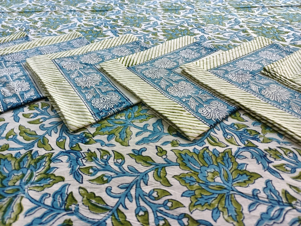 Indian Hand Block Traditional Printed Tablecloth Handmade Cotton Floral 6 Seater Tabletop Decorative for Dinning Table 60 * 90 Inches with Nepkins