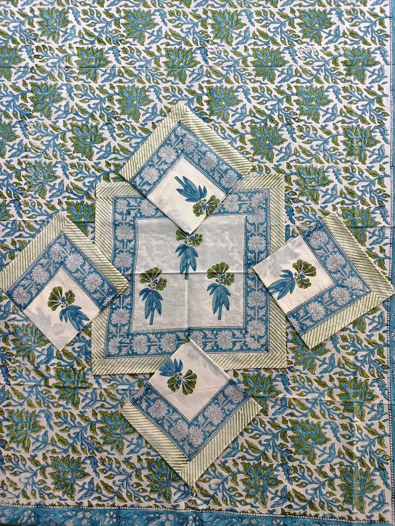 Indian Hand Block Traditional Printed Tablecloth Handmade Cotton Floral 6 Seater Tabletop Decorative for Dinning Table 60 * 90 Inches with Nepkins