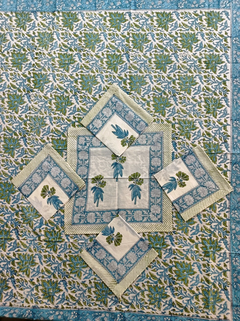 Indian Hand Block Traditional Printed Tablecloth Handmade Cotton Floral 6 Seater Tabletop Decorative for Dinning Table 60 * 90 Inches with Nepkins