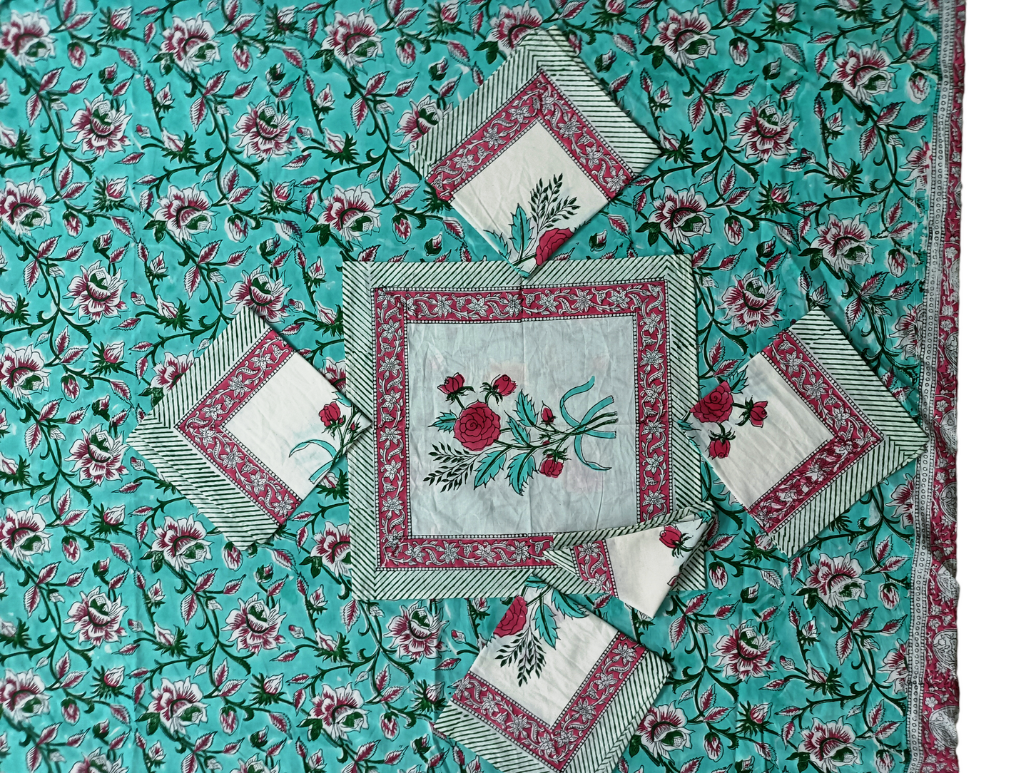 Indian Hand Block Traditional Printed Tablecloth Handmade Cotton Floral 6 Seater Tabletop Decorative for Dinning Table 60 * 90 Inches with Nepkins
