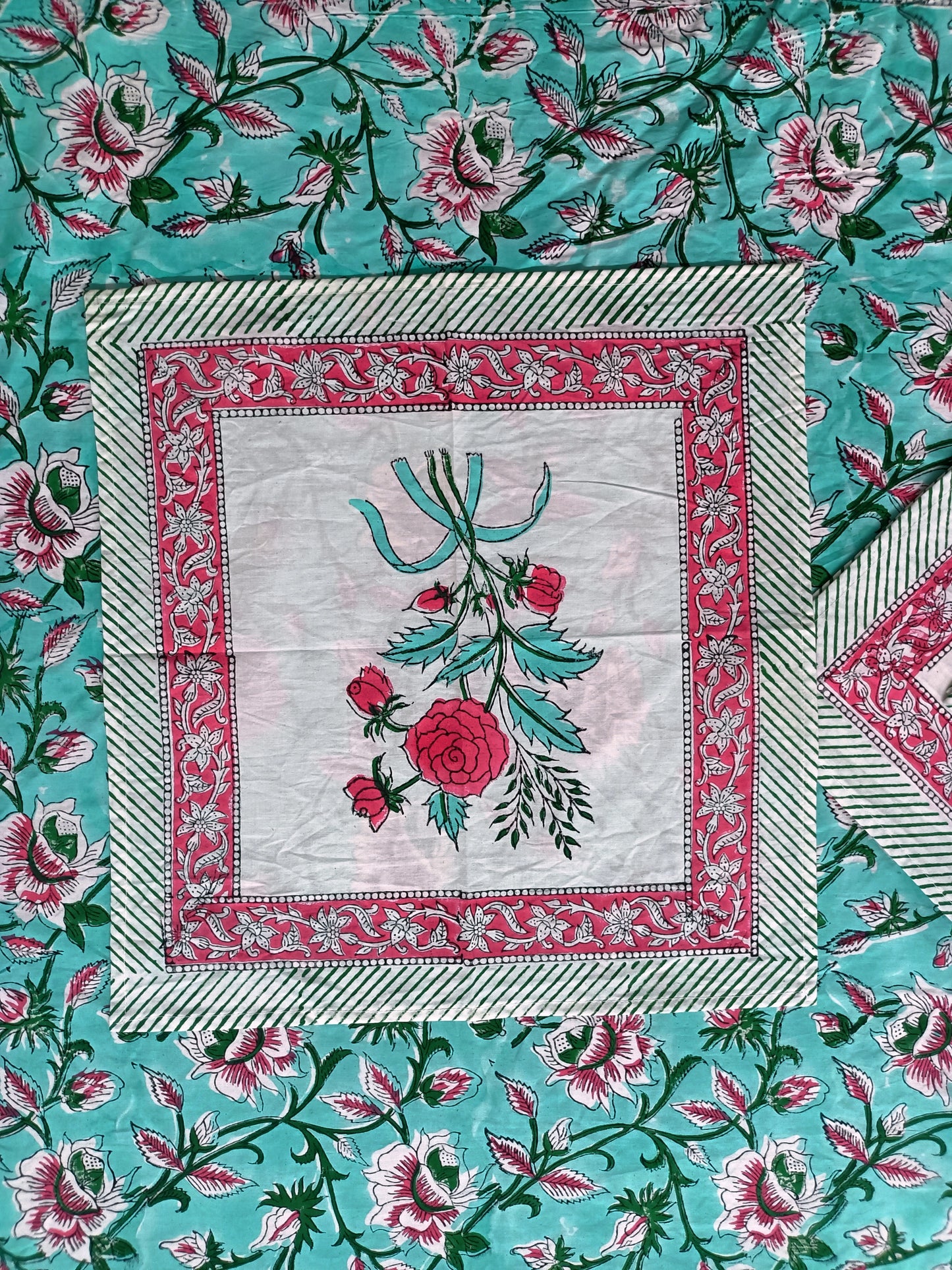 Indian Hand Block Traditional Printed Tablecloth Handmade Cotton Floral 6 Seater Tabletop Decorative for Dinning Table 60 * 90 Inches with Nepkins