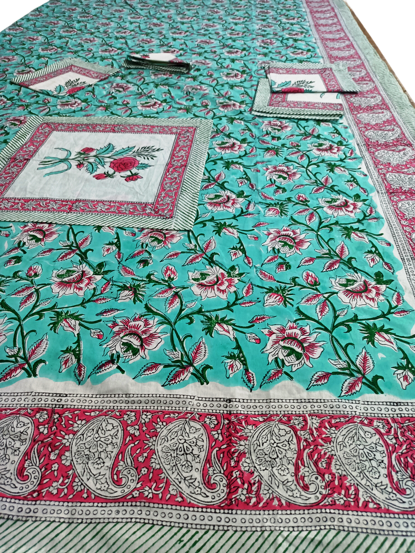 Indian Hand Block Traditional Printed Tablecloth Handmade Cotton Floral 6 Seater Tabletop Decorative for Dinning Table 60 * 90 Inches with Nepkins
