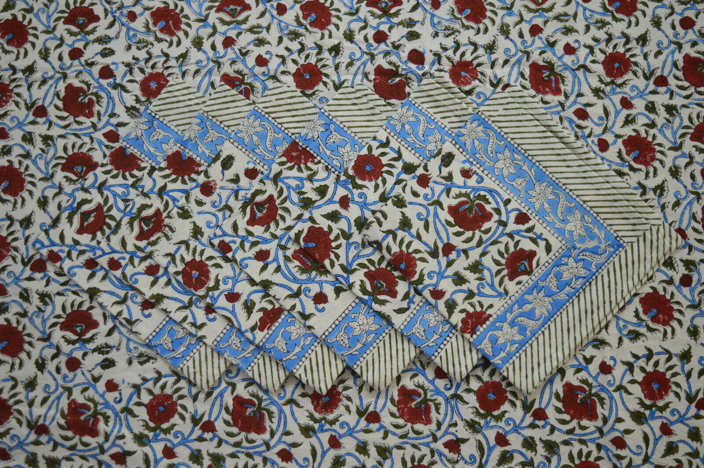 Indian Hand Block Traditional Printed Tablecloth Handmade Cotton Floral 6 Seater Tabletop Decorative for Dinning Table 60 * 90 Inches with Nepkins