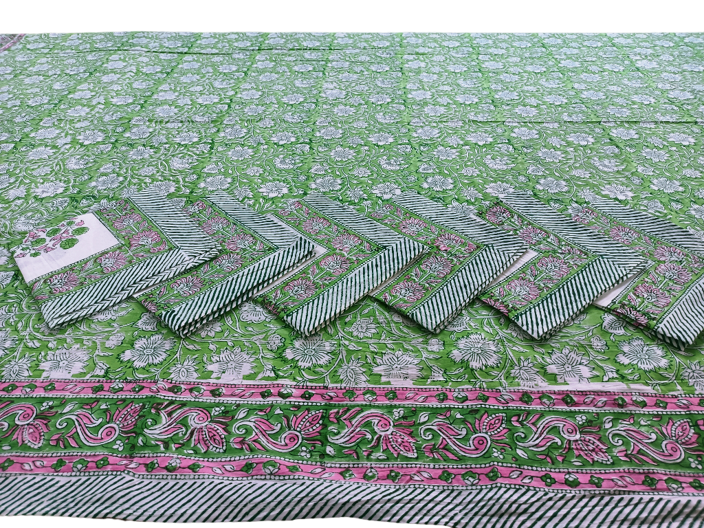 Indian Hand Block Traditional Printed Tablecloth Handmade Cotton Floral 6 Seater Tabletop Decorative for Dinning Table 60 * 90 Inches with Nepkins