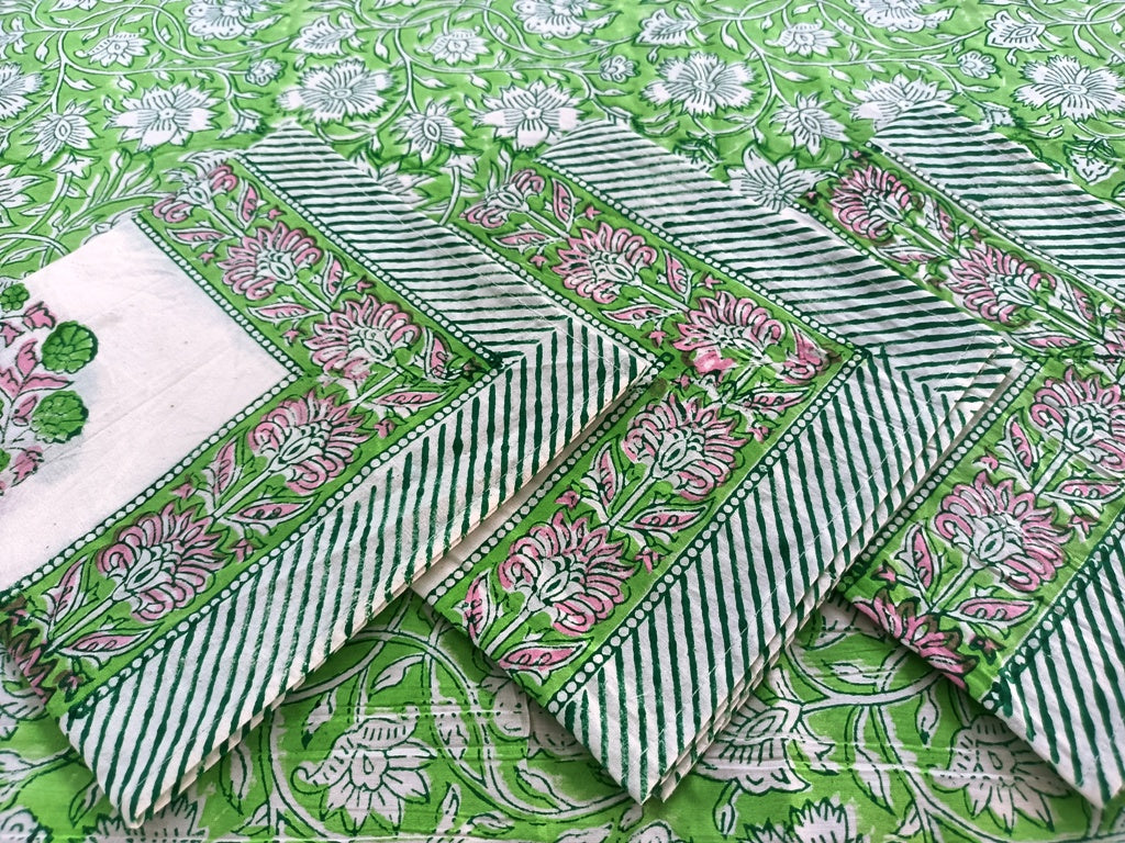 Indian Hand Block Traditional Printed Tablecloth Handmade Cotton Floral 6 Seater Tabletop Decorative for Dinning Table 60 * 90 Inches with Nepkins