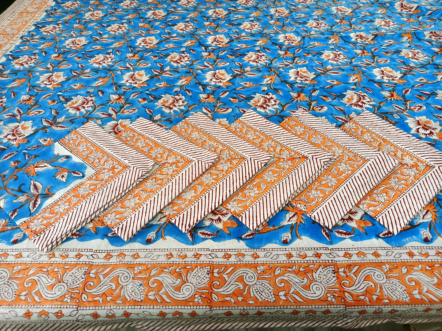 Indian Hand Block Traditional Printed Tablecloth Handmade Cotton Floral 6 Seater Tabletop Decorative for Dinning Table 60 * 90 Inches with Nepkins