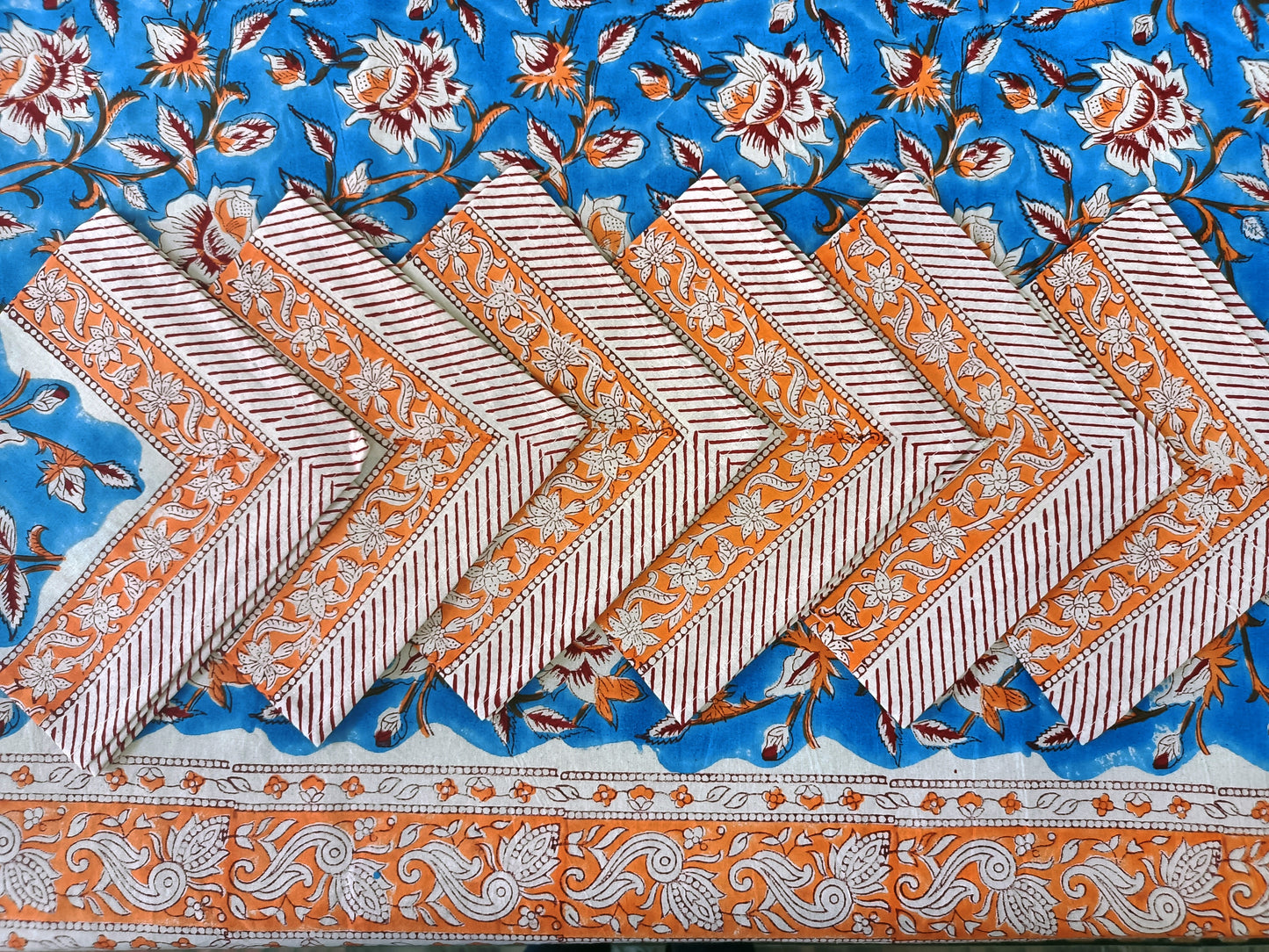 Indian Hand Block Traditional Printed Tablecloth Handmade Cotton Floral 6 Seater Tabletop Decorative for Dinning Table 60 * 90 Inches with Nepkins