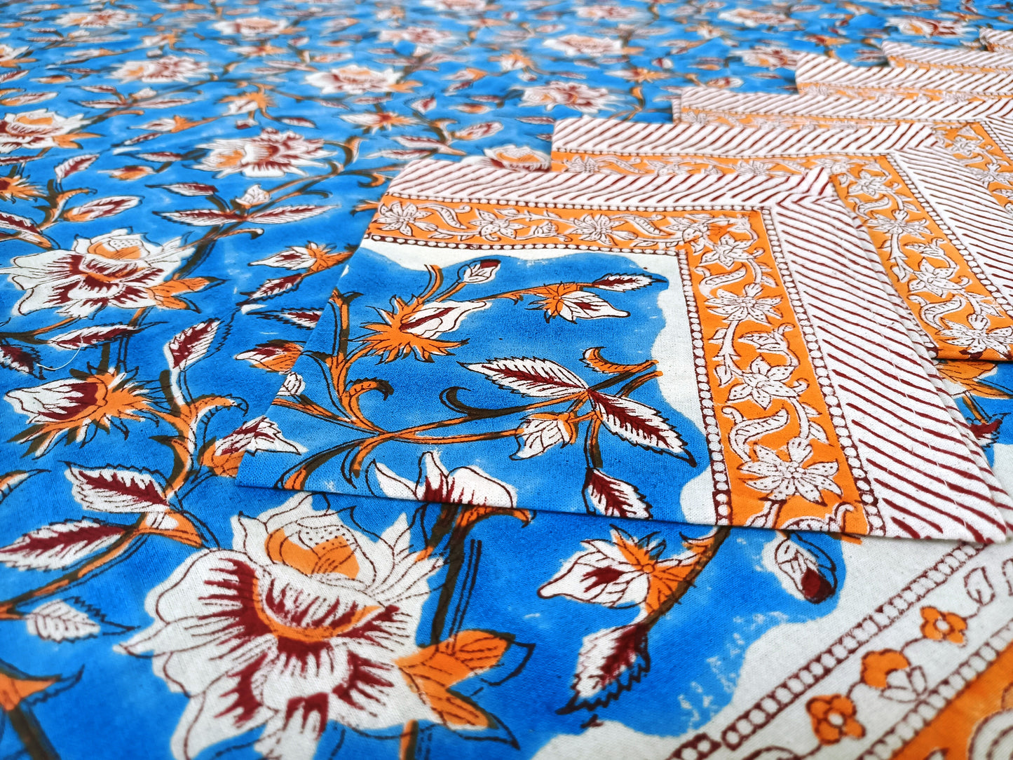 Indian Hand Block Traditional Printed Tablecloth Handmade Cotton Floral 6 Seater Tabletop Decorative for Dinning Table 60 * 90 Inches with Nepkins