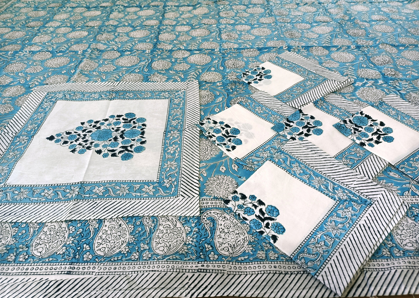 Indian Hand Block Traditional Printed Tablecloth Handmade Cotton Floral 6 Seater Tabletop Decorative for Dinning Table 60 * 90 Inches with Nepkins