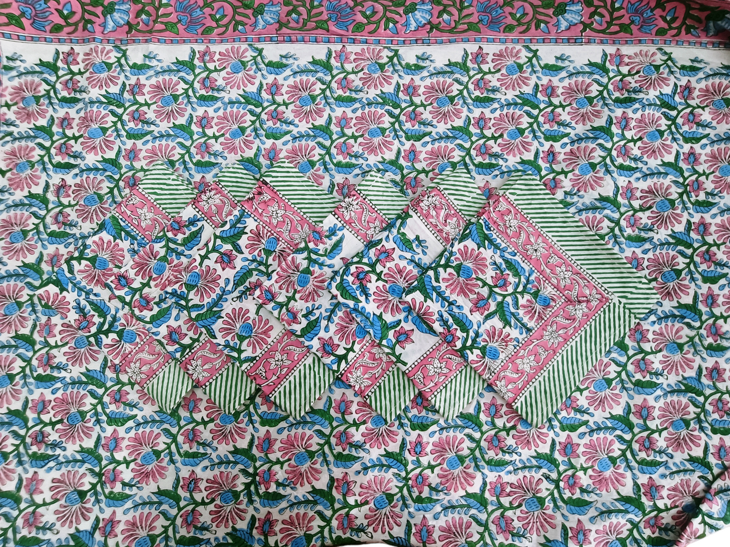 Indian Hand Block Traditional Printed Tablecloth Handmade Cotton Floral 6 Seater Tabletop Decorative for Dinning Table 60 * 90 Inches with Nepkins