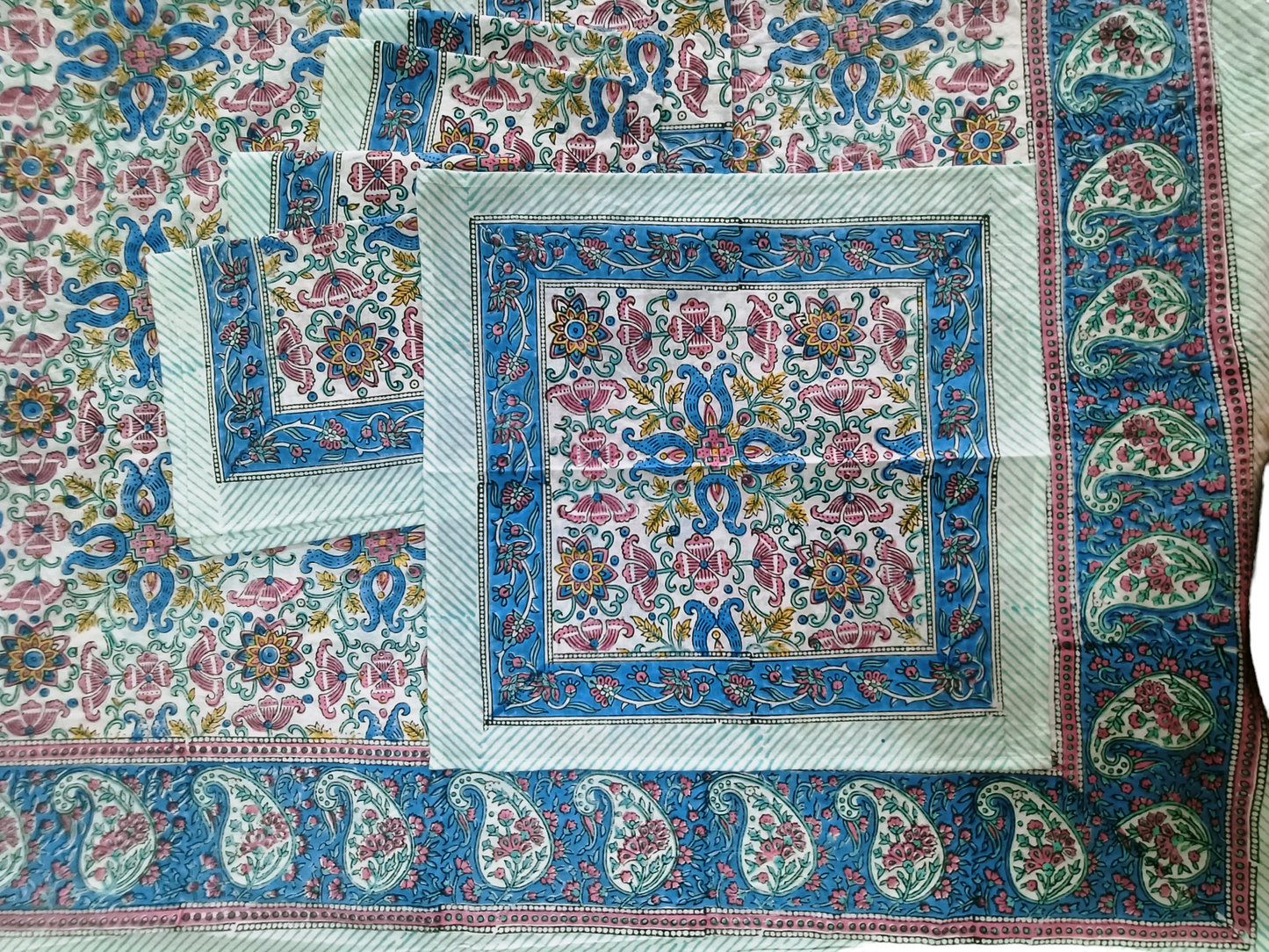 Indian Hand Block Traditional Printed Tablecloth Handmade Cotton Floral 6 Seater Tabletop Decorative for Dinning Table 60 * 90 Inches with Nepkins
