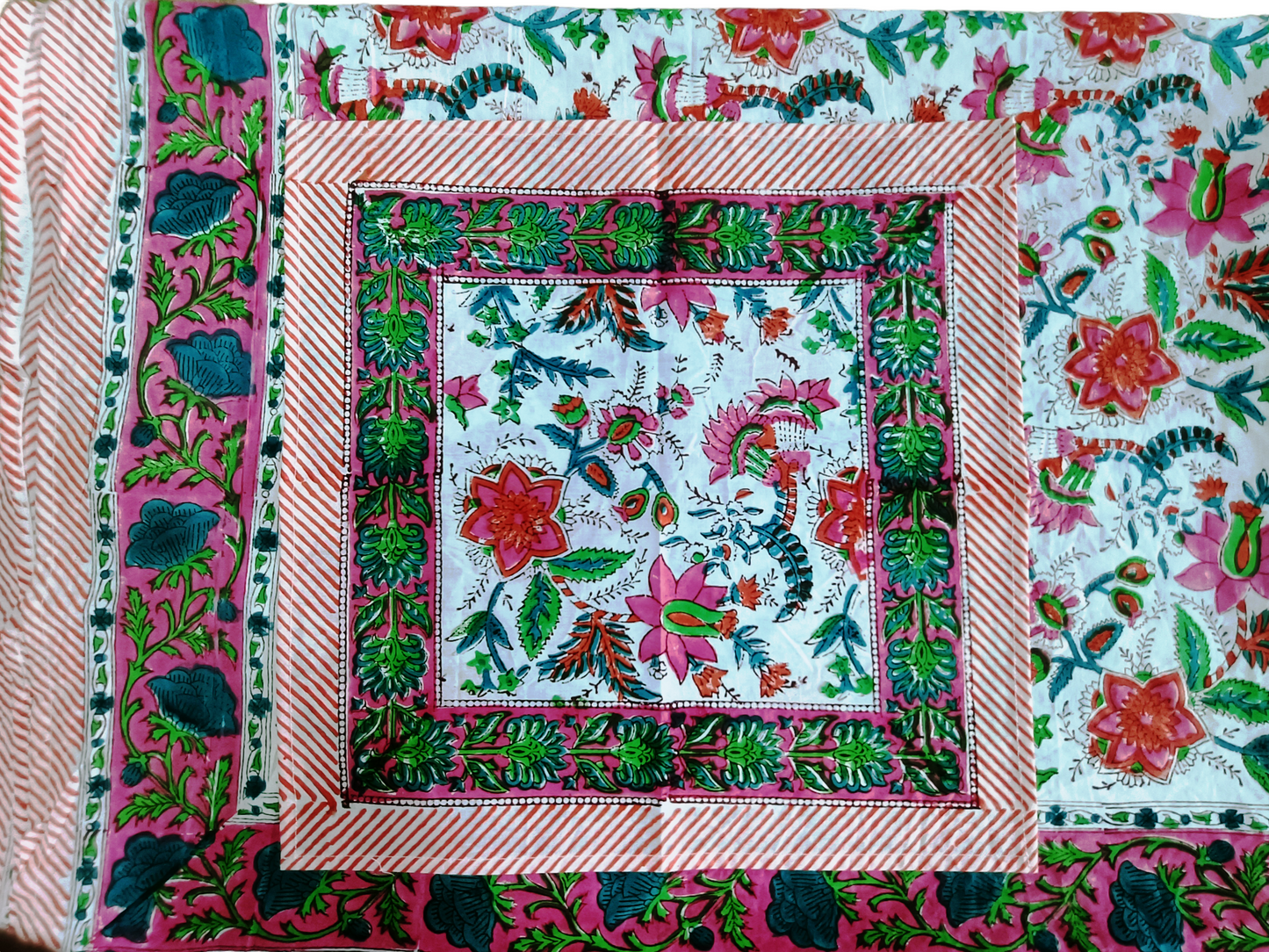Indian Hand Block Traditional Printed Tablecloth Handmade Cotton Floral 6 Seater Tabletop Decorative for Dinning Table 60 * 90 Inches with Nepkins