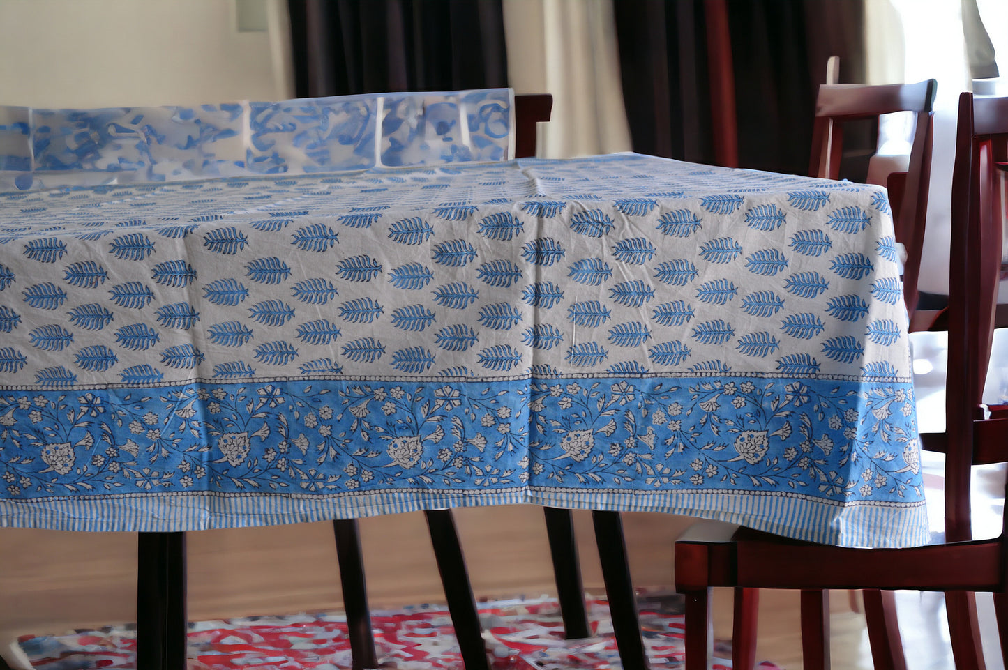 Indian Hand Block Traditional Printed Tablecloth Handmade Cotton Floral 6 Seater Tabletop Decorative for Dinning Table 60 * 90 Inches with Nepkins
