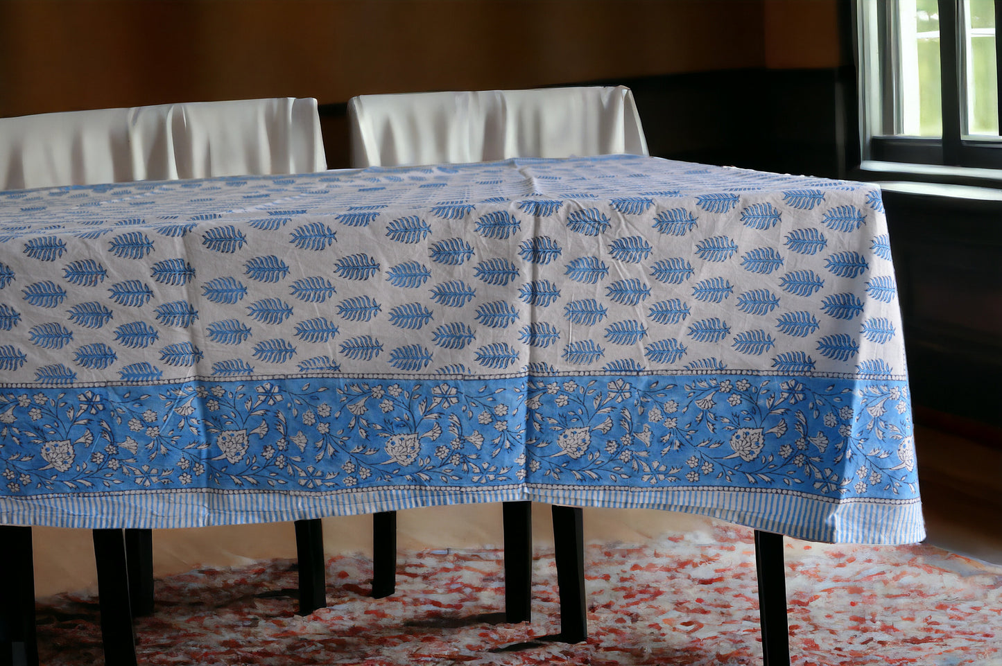 Indian Hand Block Traditional Printed Tablecloth Handmade Cotton Floral 6 Seater Tabletop Decorative for Dinning Table 60 * 90 Inches with Nepkins