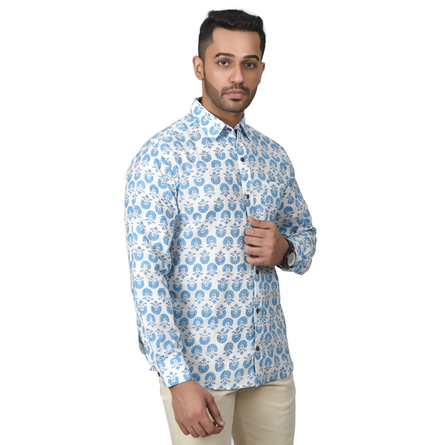Men's Cotton Shirt Slim Fit Full Sleeves Traditional Block Printed Button Down Skin Friendly Cotton fabric Shirt