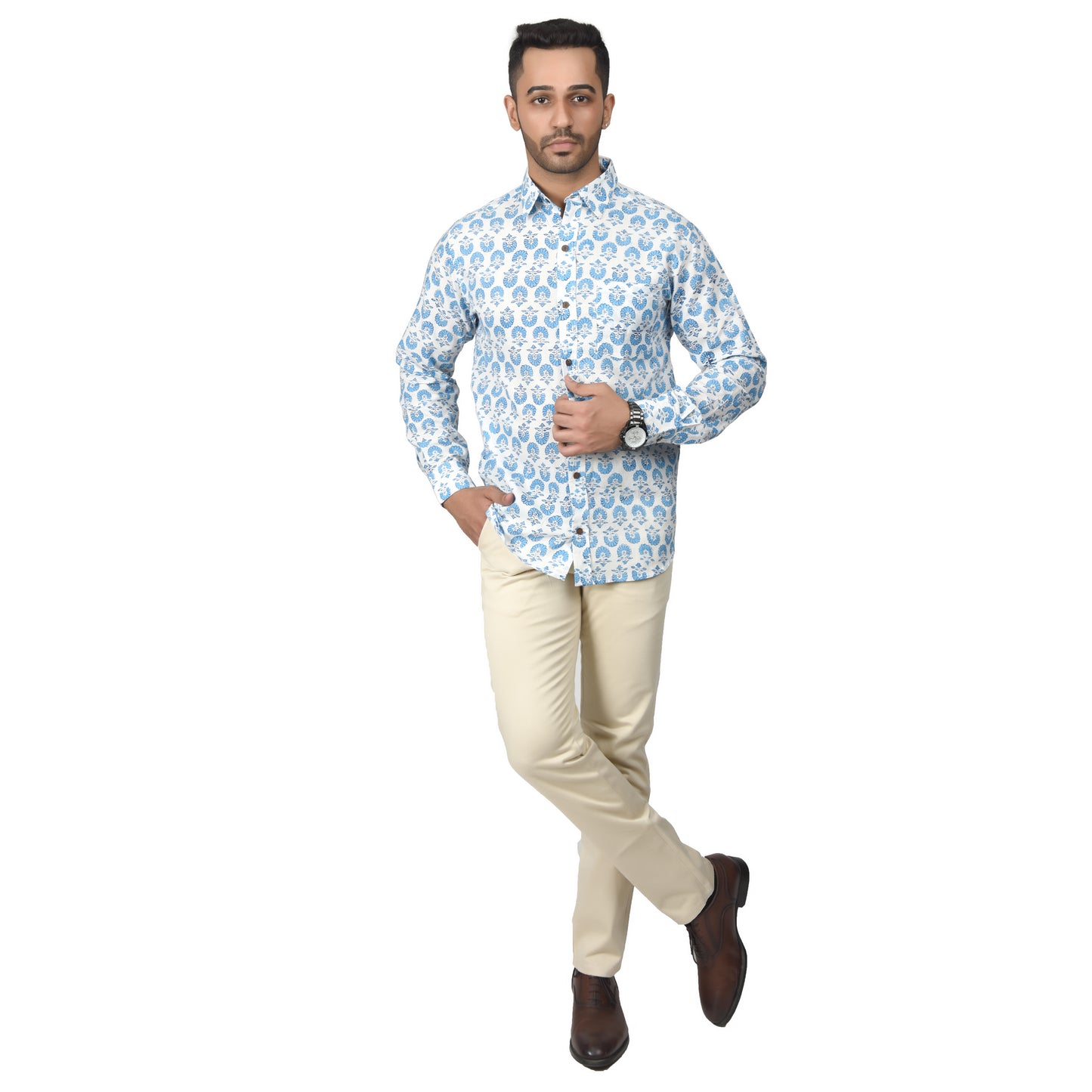 Men's Cotton Shirt Slim Fit Full Sleeves Traditional Block Printed Button Down Skin Friendly Cotton fabric Shirt