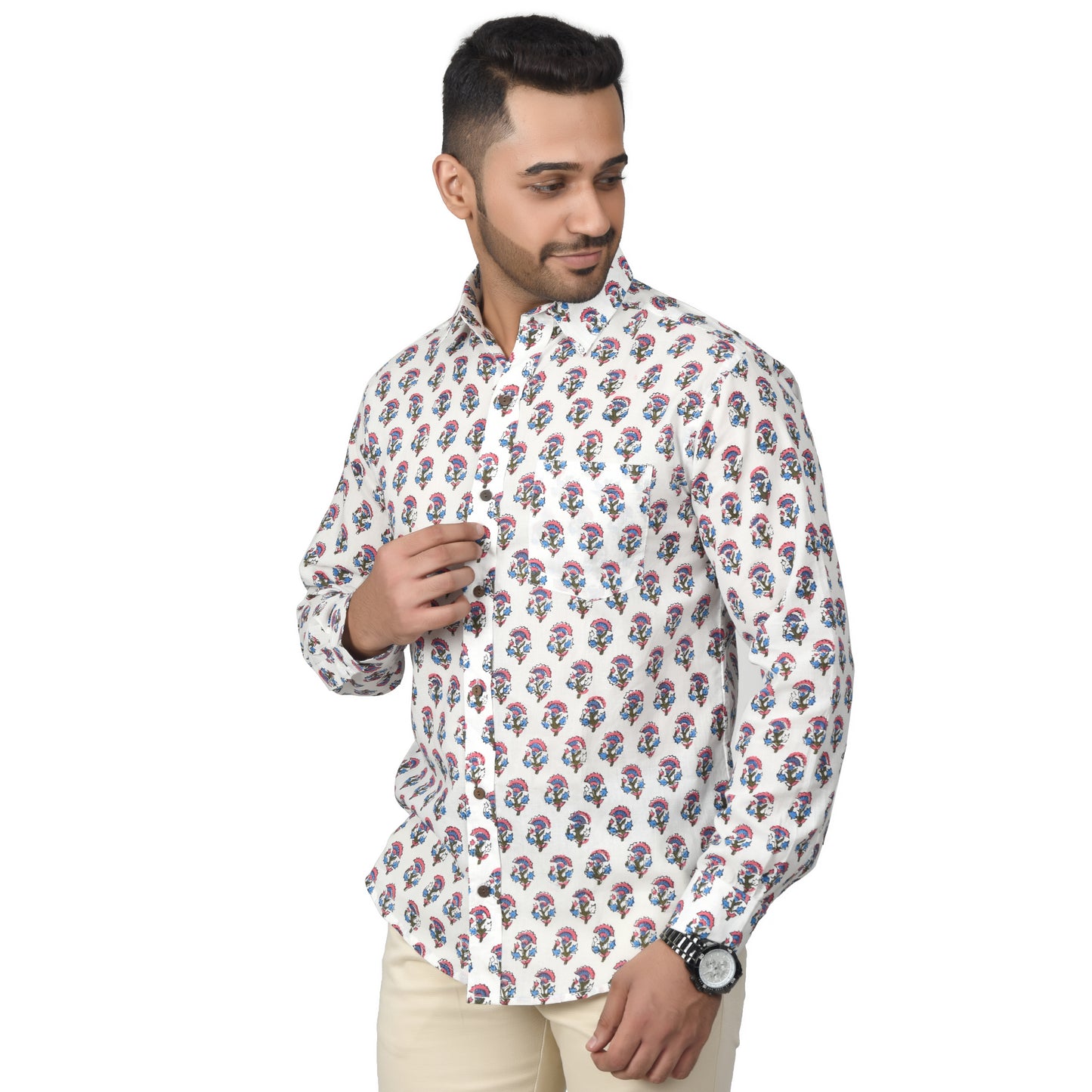 Men's Cotton Shirt Slim Fit Full Sleeves Traditional Block Printed Button Down Skin Friendly Cotton fabric Shirt