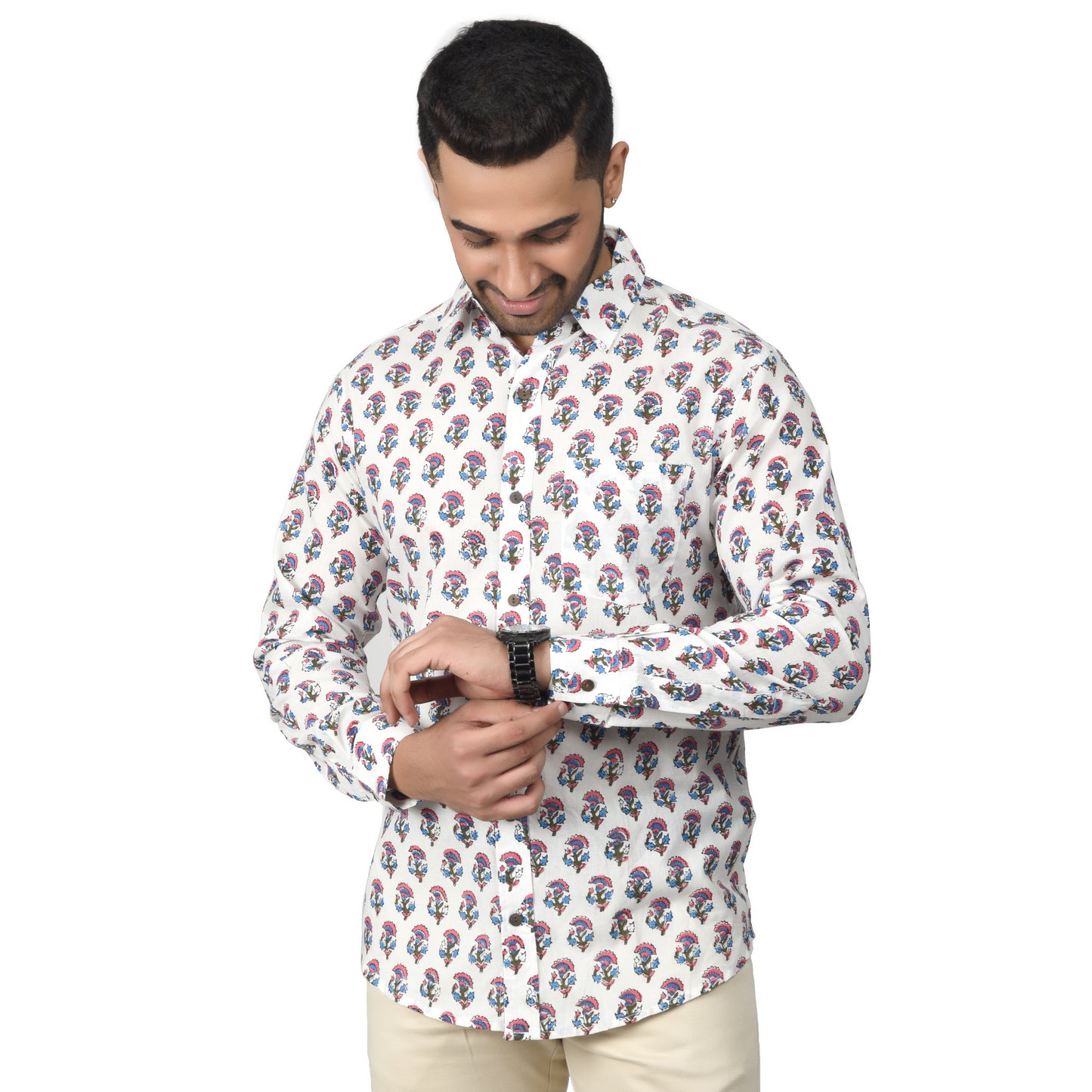 Men's Cotton Shirt Slim Fit Full Sleeves Traditional Block Printed Button Down Skin Friendly Cotton fabric Shirt