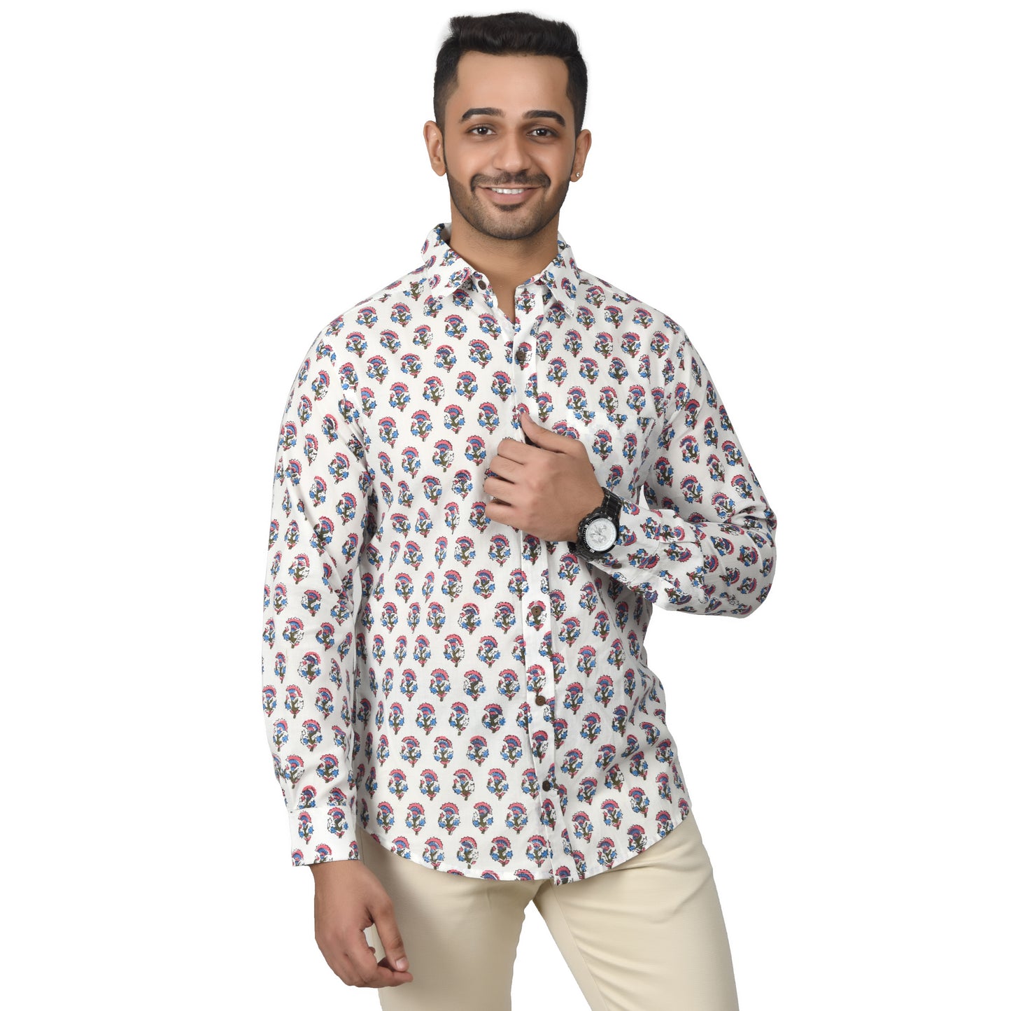 Men's Cotton Shirt Slim Fit Full Sleeves Traditional Block Printed Button Down Skin Friendly Cotton fabric Shirt