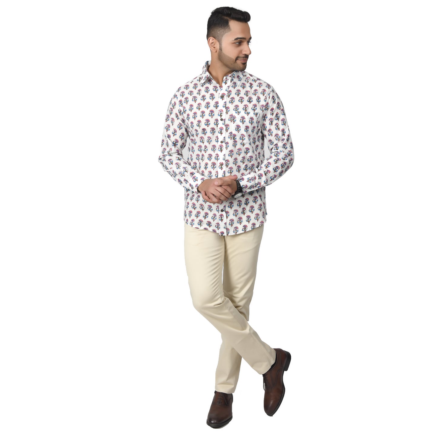 Men's Cotton Shirt Slim Fit Full Sleeves Traditional Block Printed Button Down Skin Friendly Cotton fabric Shirt