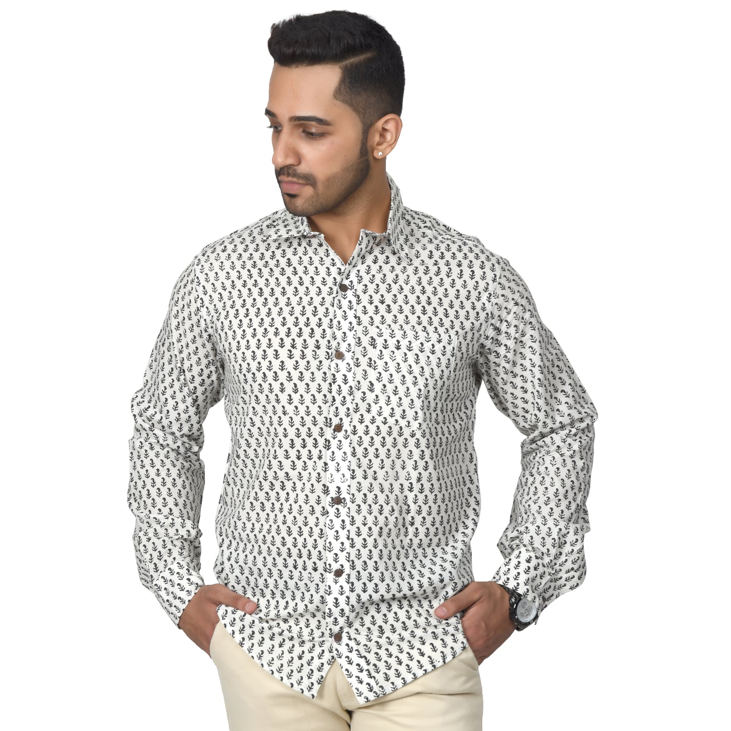 Men's Cotton Shirt Slim Fit Full Sleeves Traditional Block Printed Button Down Skin Friendly Cotton fabric Shirt