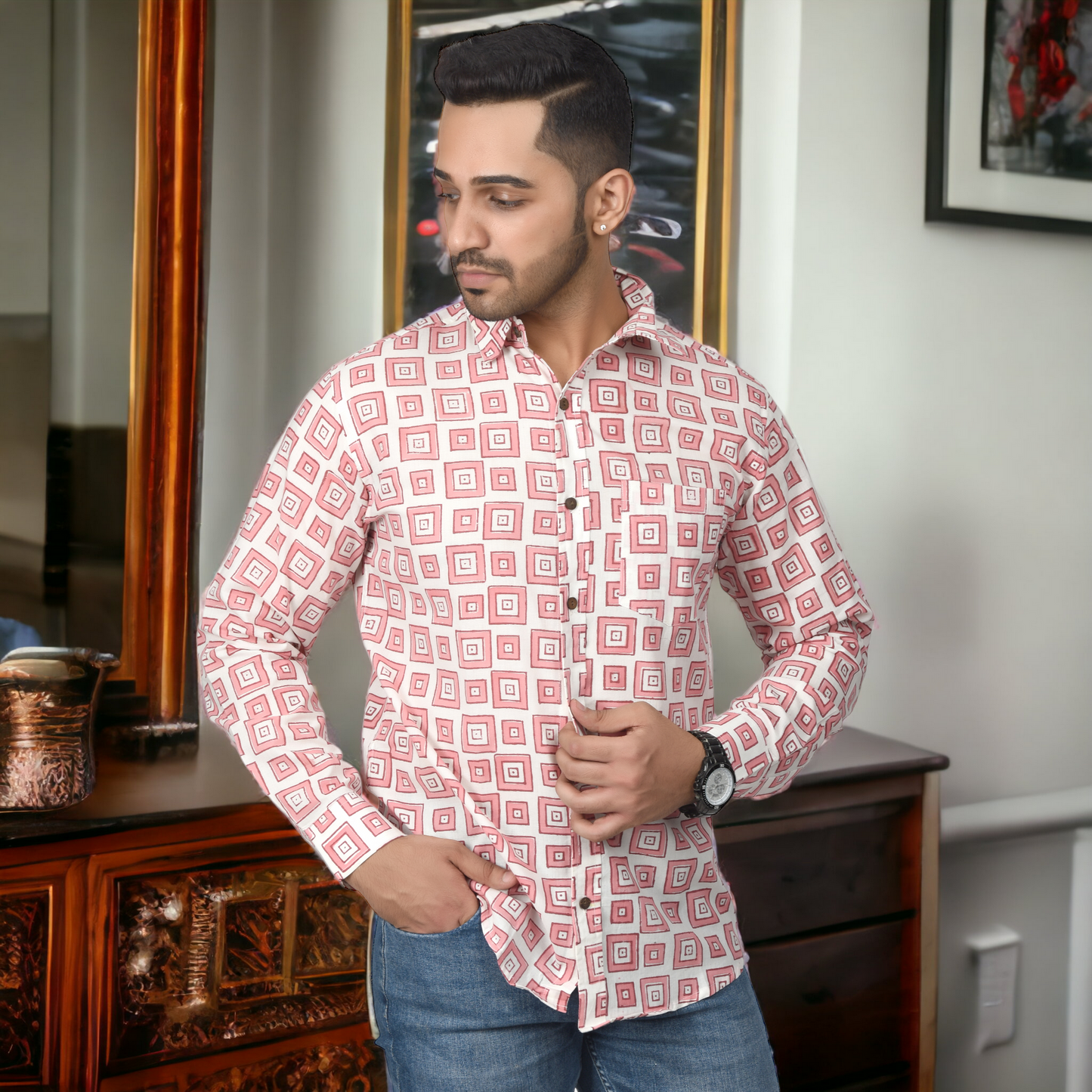 Men's Cotton Shirt Slim Fit Full Sleeves Traditional Block Printed Button Down Skin Friendly Cotton fabric Shirt