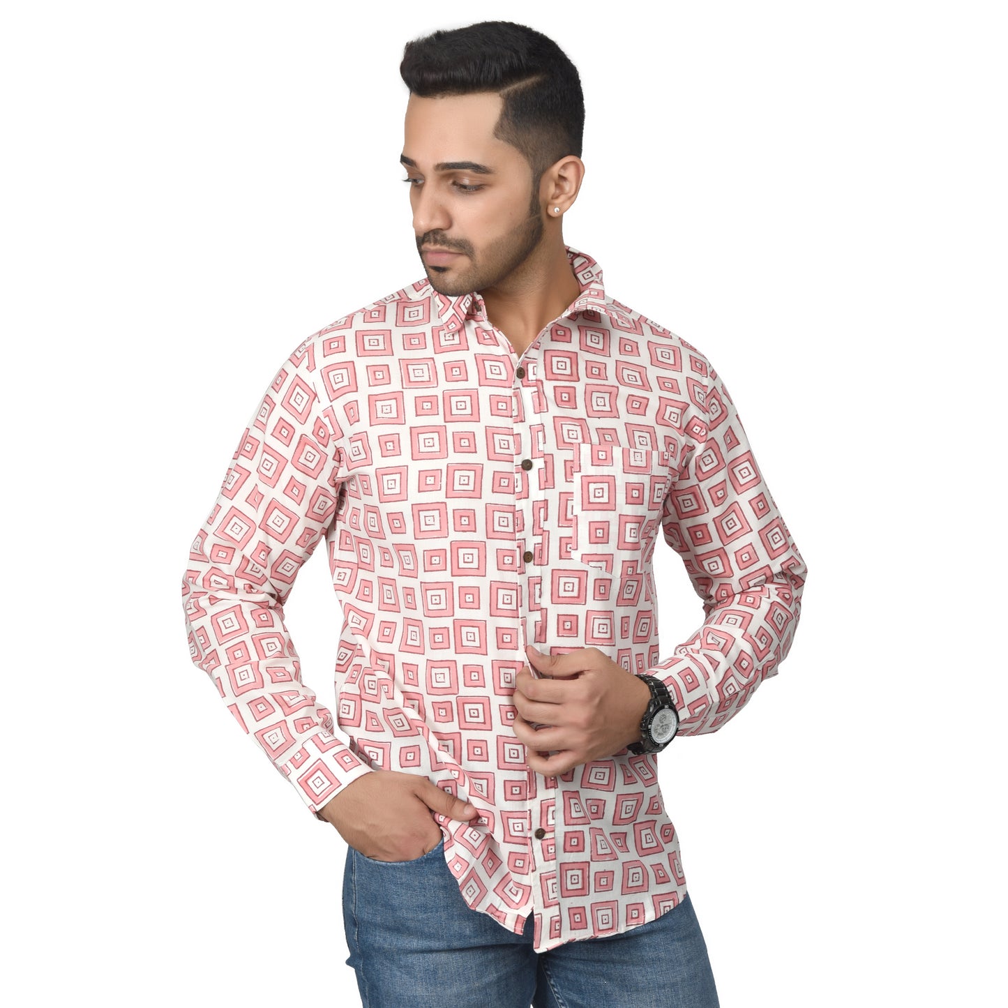 Men's Cotton Shirt Slim Fit Full Sleeves Traditional Block Printed Button Down Skin Friendly Cotton fabric Shirt