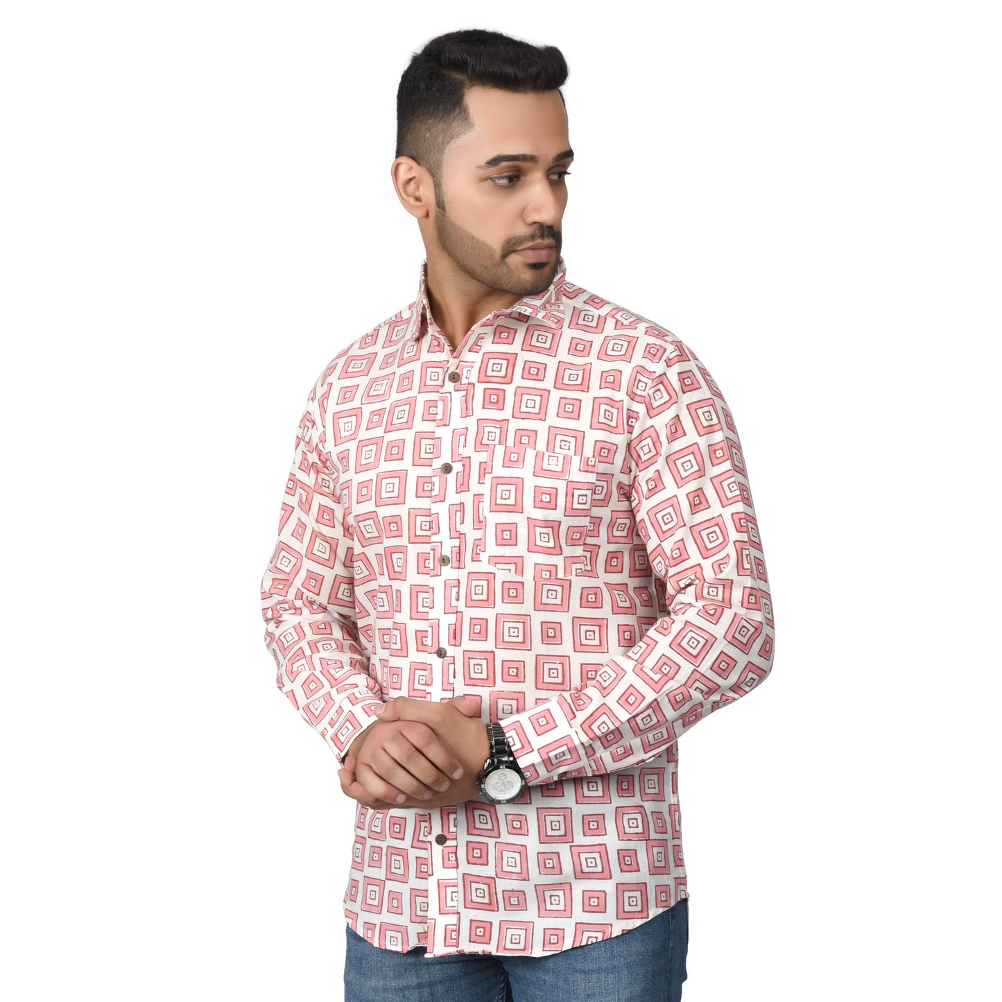 Men's Cotton Shirt Slim Fit Full Sleeves Traditional Block Printed Button Down Skin Friendly Cotton fabric Shirt
