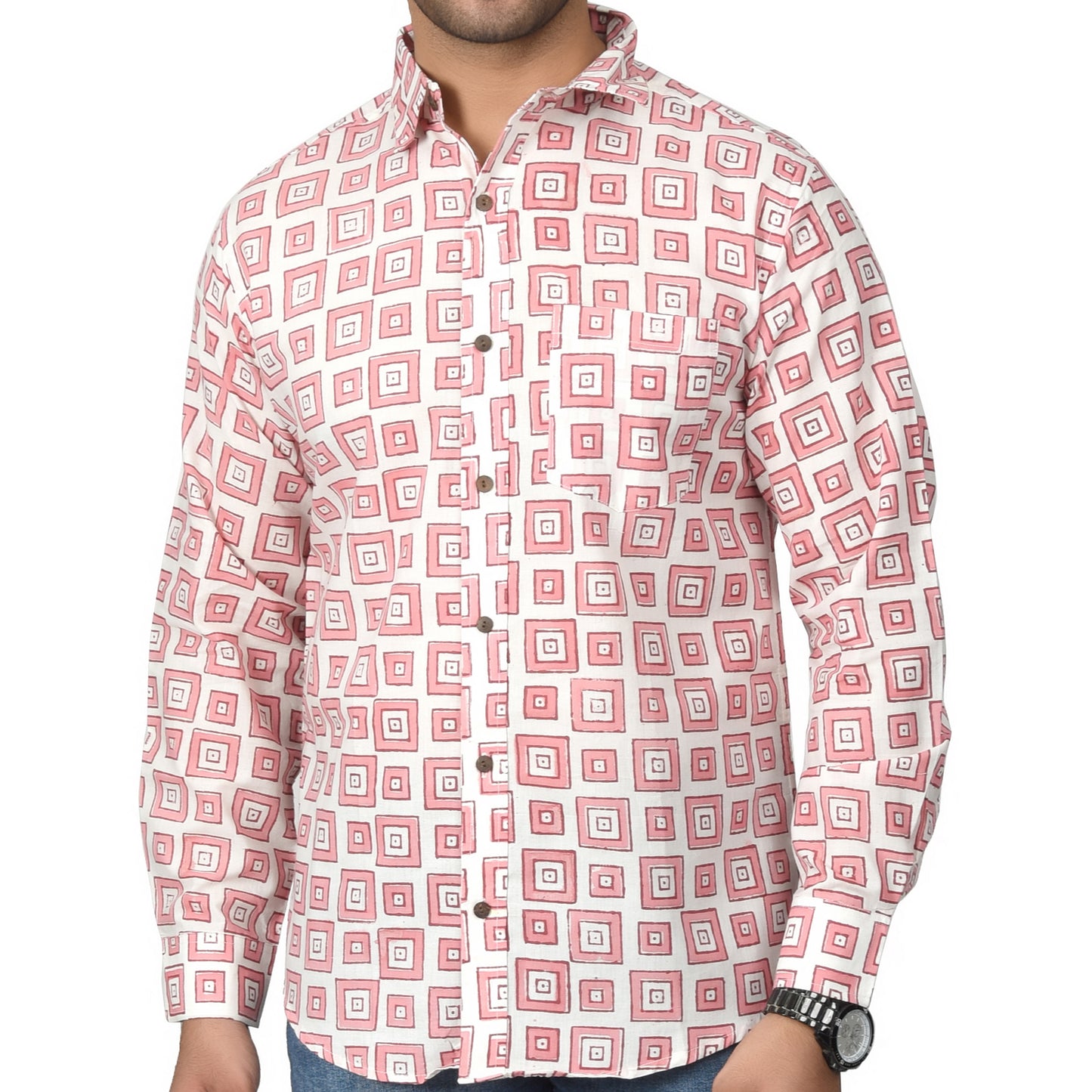 Men's Cotton Shirt Slim Fit Full Sleeves Traditional Block Printed Button Down Skin Friendly Cotton fabric Shirt