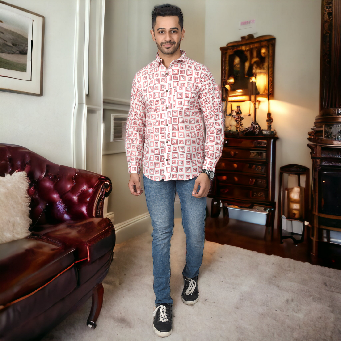 Men's Cotton Shirt Slim Fit Full Sleeves Traditional Block Printed Button Down Skin Friendly Cotton fabric Shirt