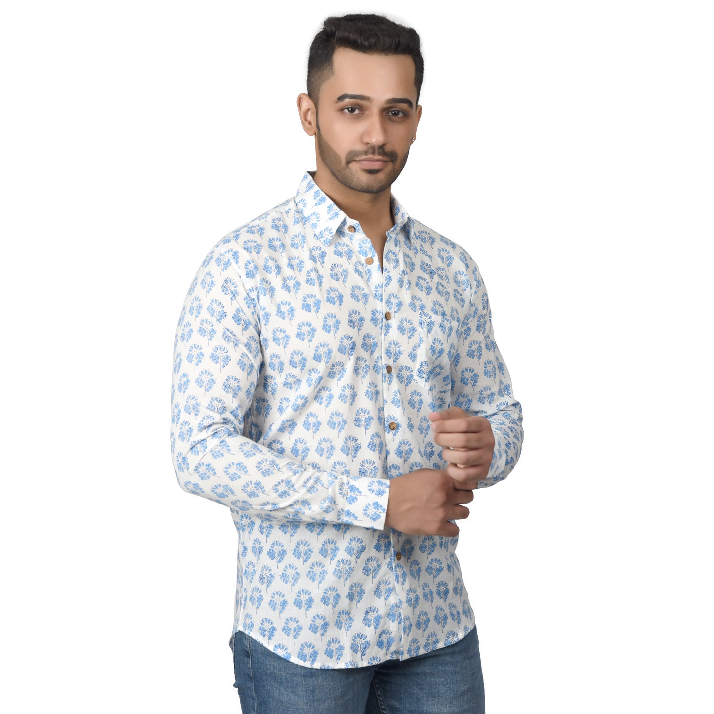 Men's Cotton Shirt Slim Fit Full Sleeves Traditional Block Printed Button Down Skin Friendly Cotton fabric Shirt