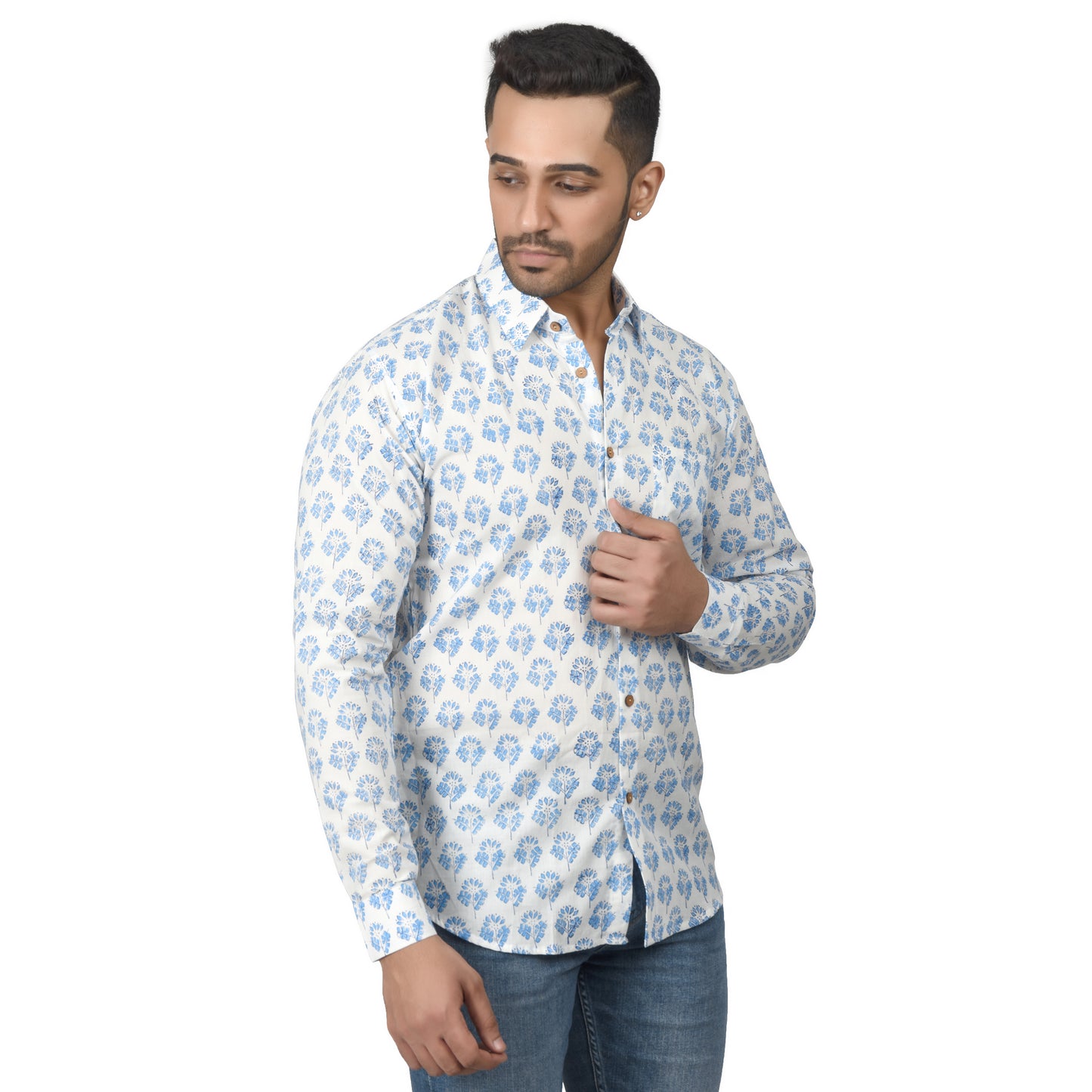 Men's Cotton Shirt Slim Fit Full Sleeves Traditional Block Printed Button Down Skin Friendly Cotton fabric Shirt