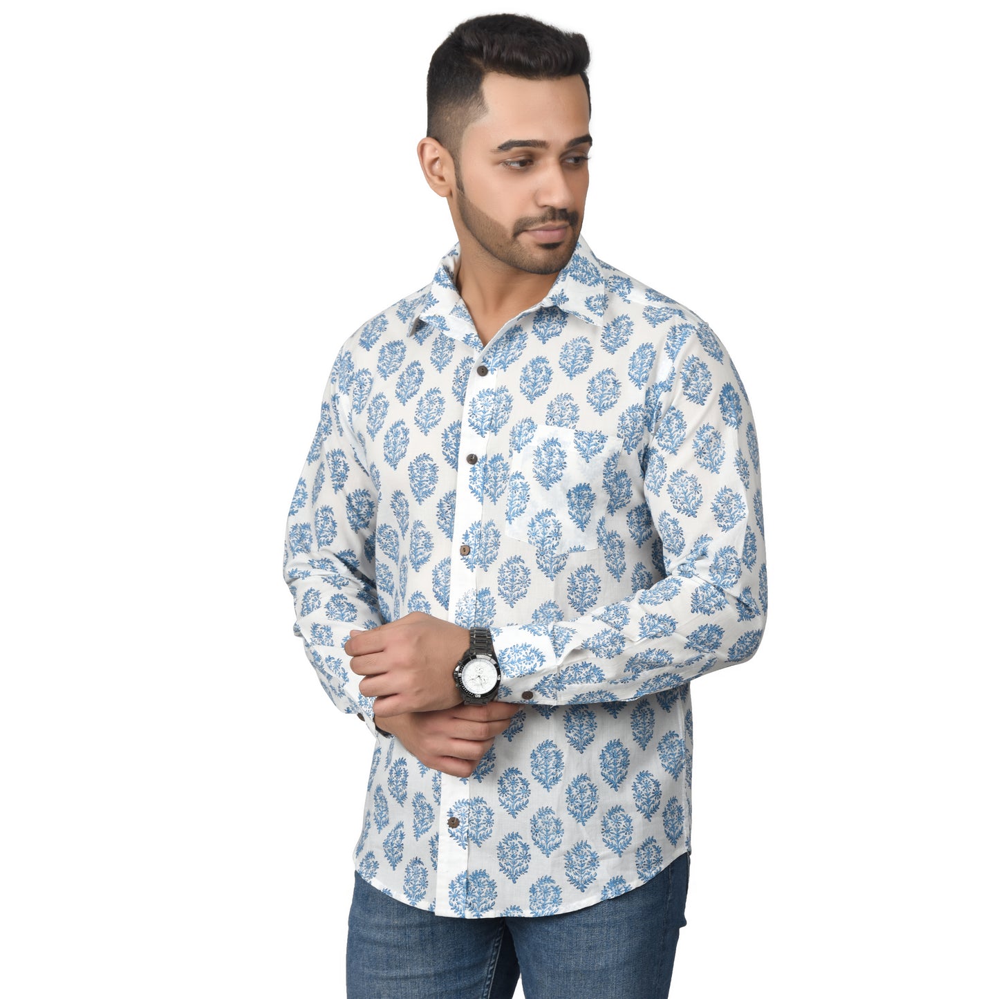 Men's Cotton Shirt Slim Fit Full Sleeves Traditional Block Printed Button Down Skin Friendly Cotton fabric Shirt
