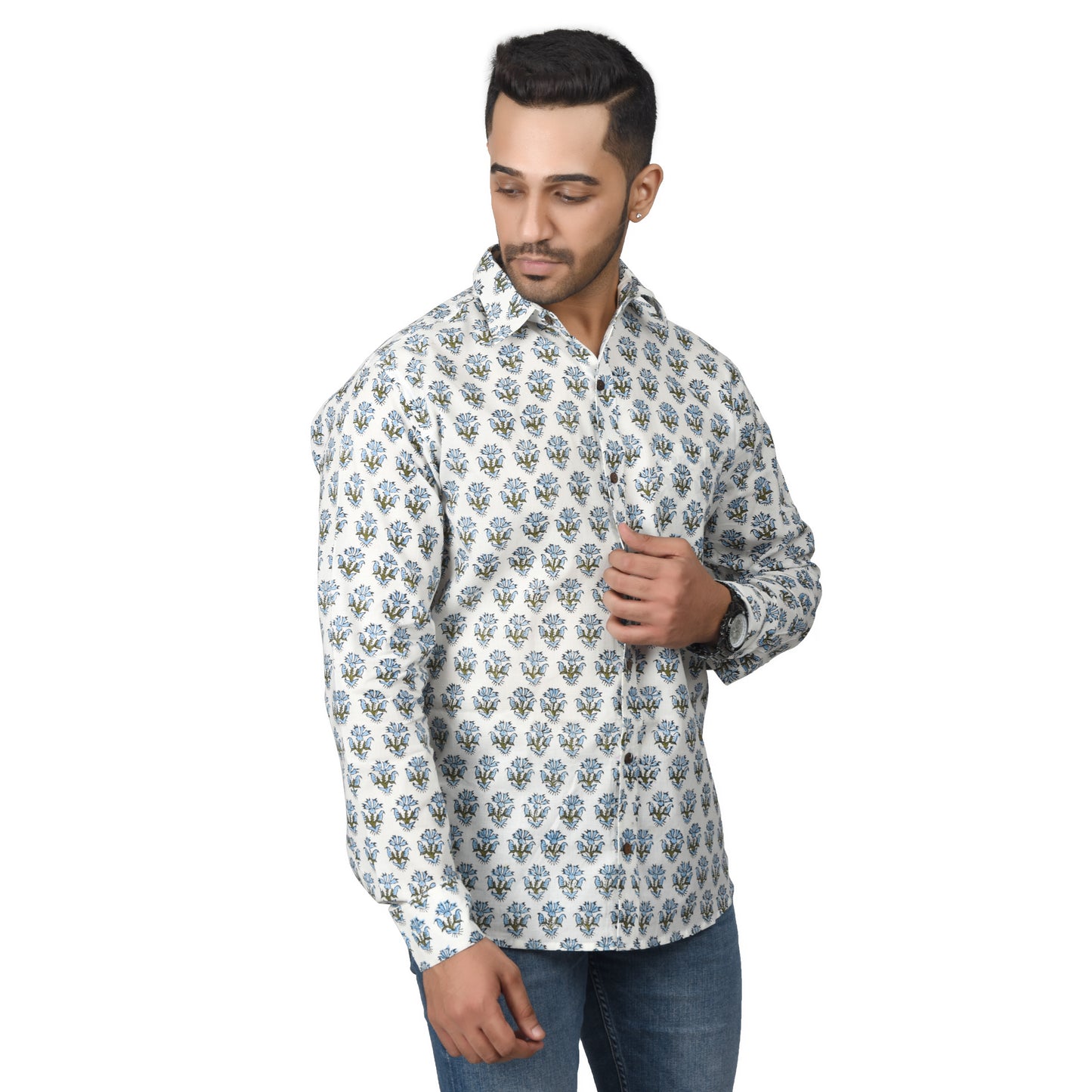 Men's Cotton Shirt Slim Fit Full Sleeves Traditional Block Printed Button Down Skin Friendly Cotton fabric Shirt